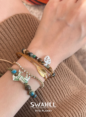 SWAHILL斯瓦山丘 龟背叶手串小众复古设计感天然石红玛瑙木珠手链