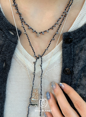 希腊Mary Gaitani新款天然石双层水滴长项链复古盾牌压花串珠项链