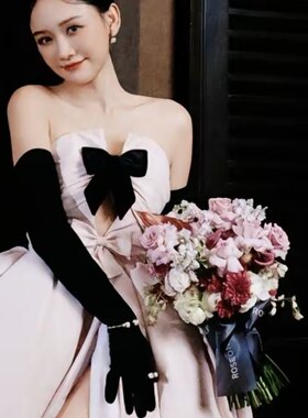 陈乔恩同款丝绒长款手套新娘订婚礼裙声乐艺考主持人婚纱手套