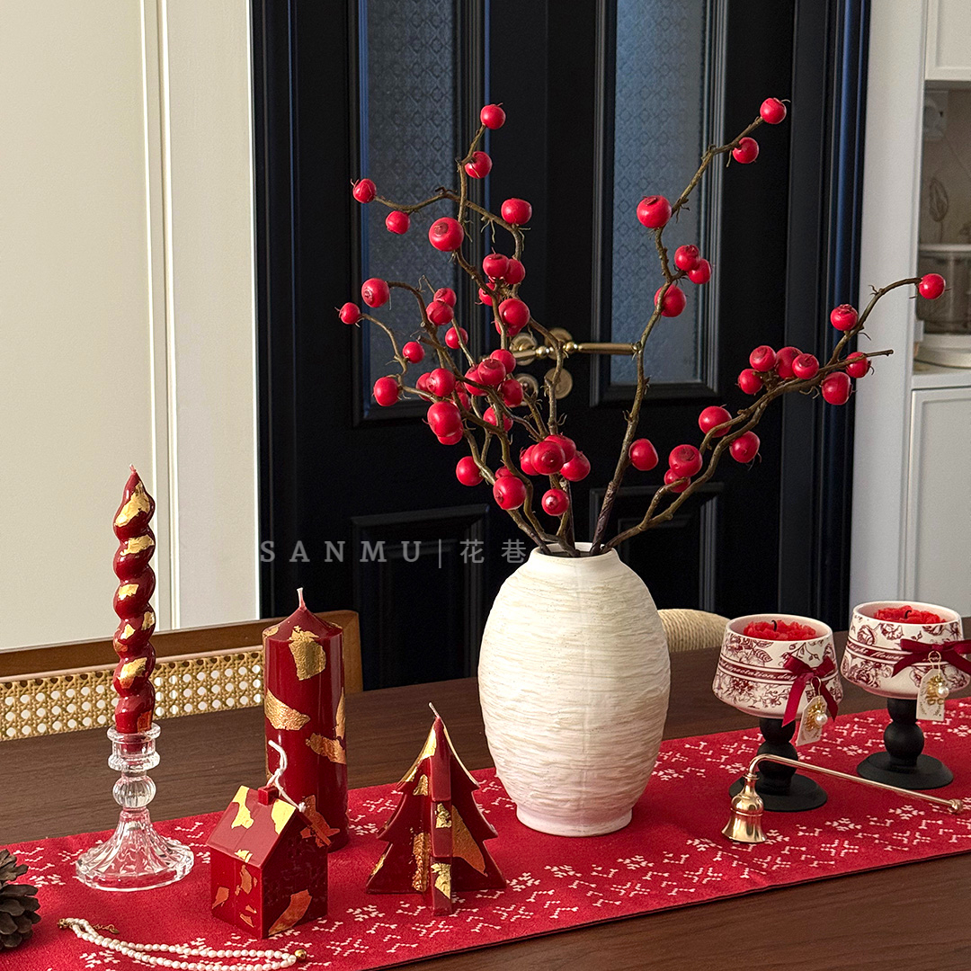 中古风仿真红莓果摆设摆件客厅餐厅装饰仿真花高级感冬日红色摆件