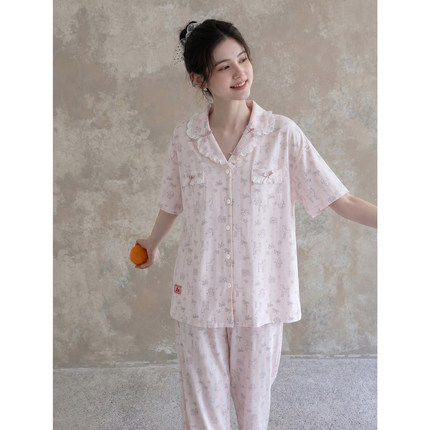 思莉太太莫代尔睡衣女士夏季薄款公主风甜美可爱蝴蝶结粉色家居服