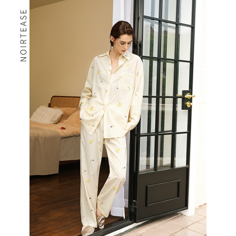 NT春秋薄款纯棉印花睡衣女士长袖休闲宽松简约风家居服两件套装