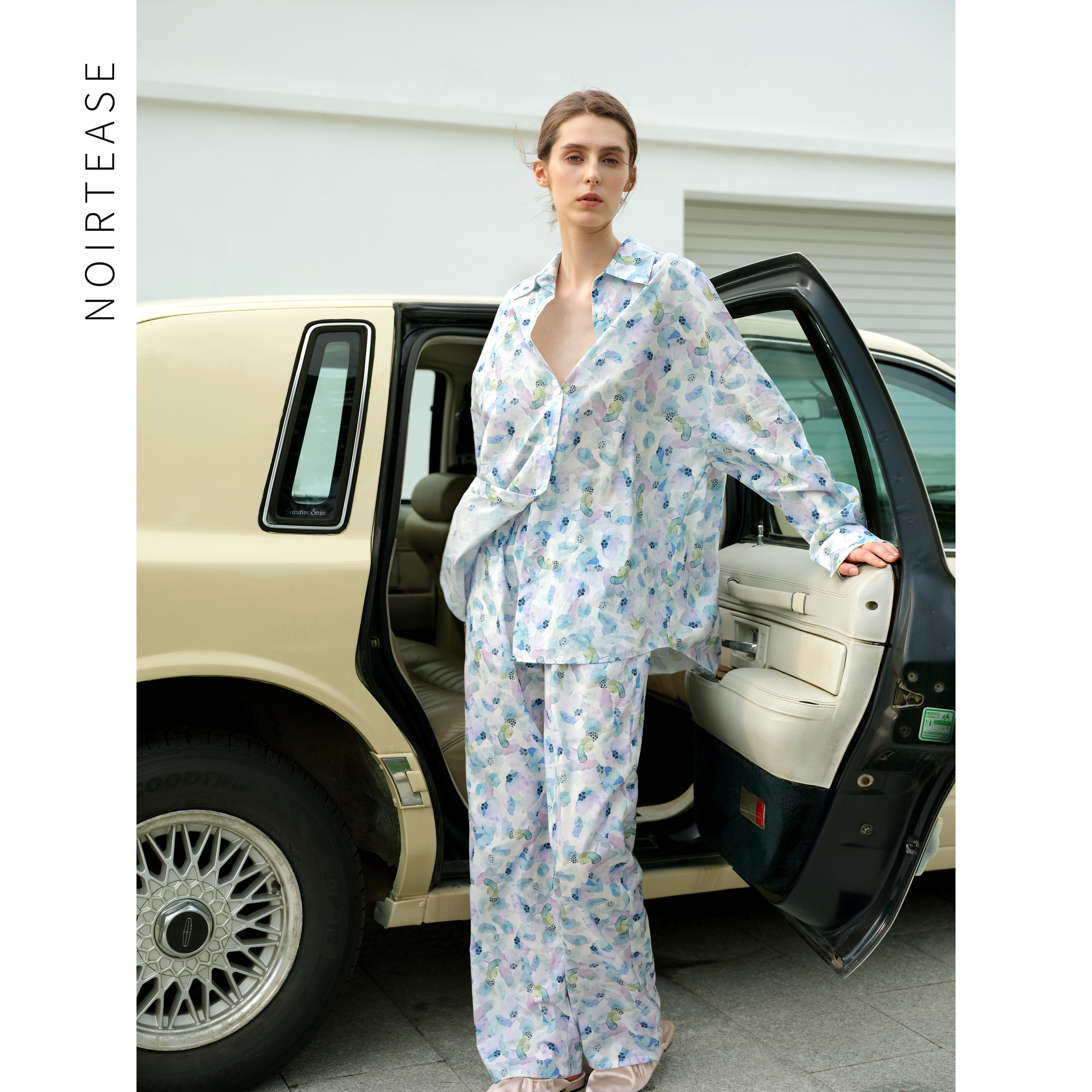 NT春秋薄款纯棉贡缎睡衣女士男友风印花长袖长裤家居服两件套装