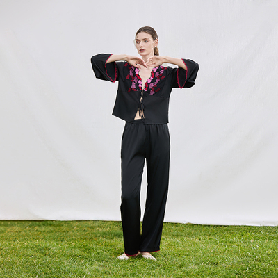 刺绣女士NTV领长裤丝质家居服