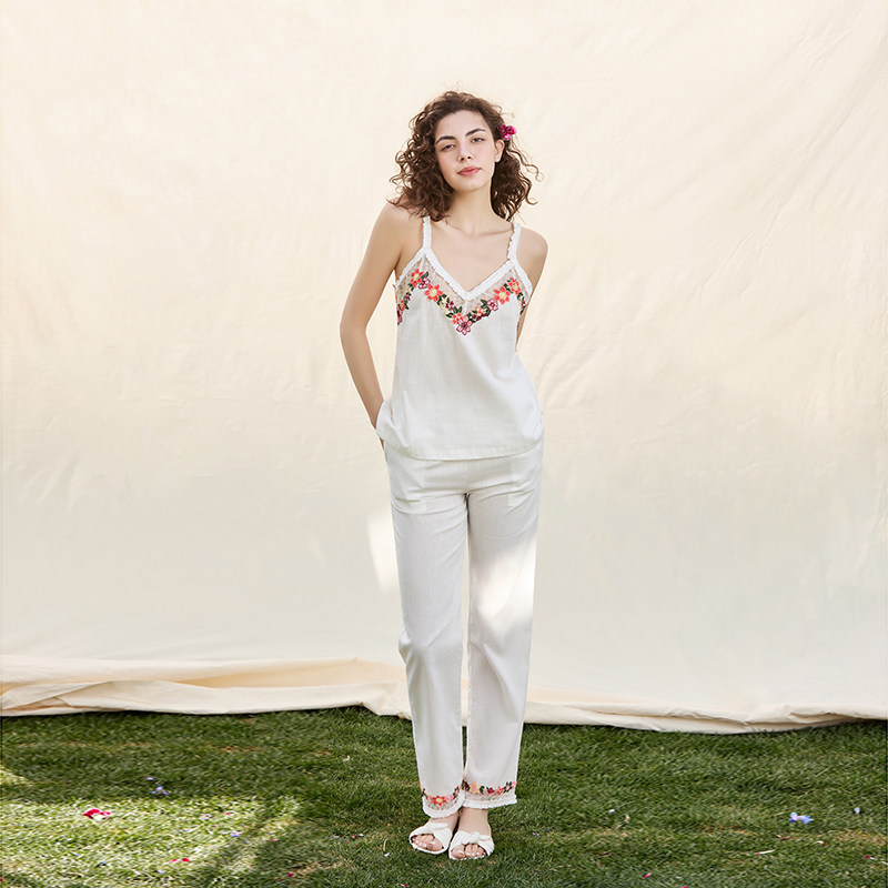 NT春夏薄款纯棉睡衣女士全棉法式刺绣蕾丝V领吊带家居服两件套装
