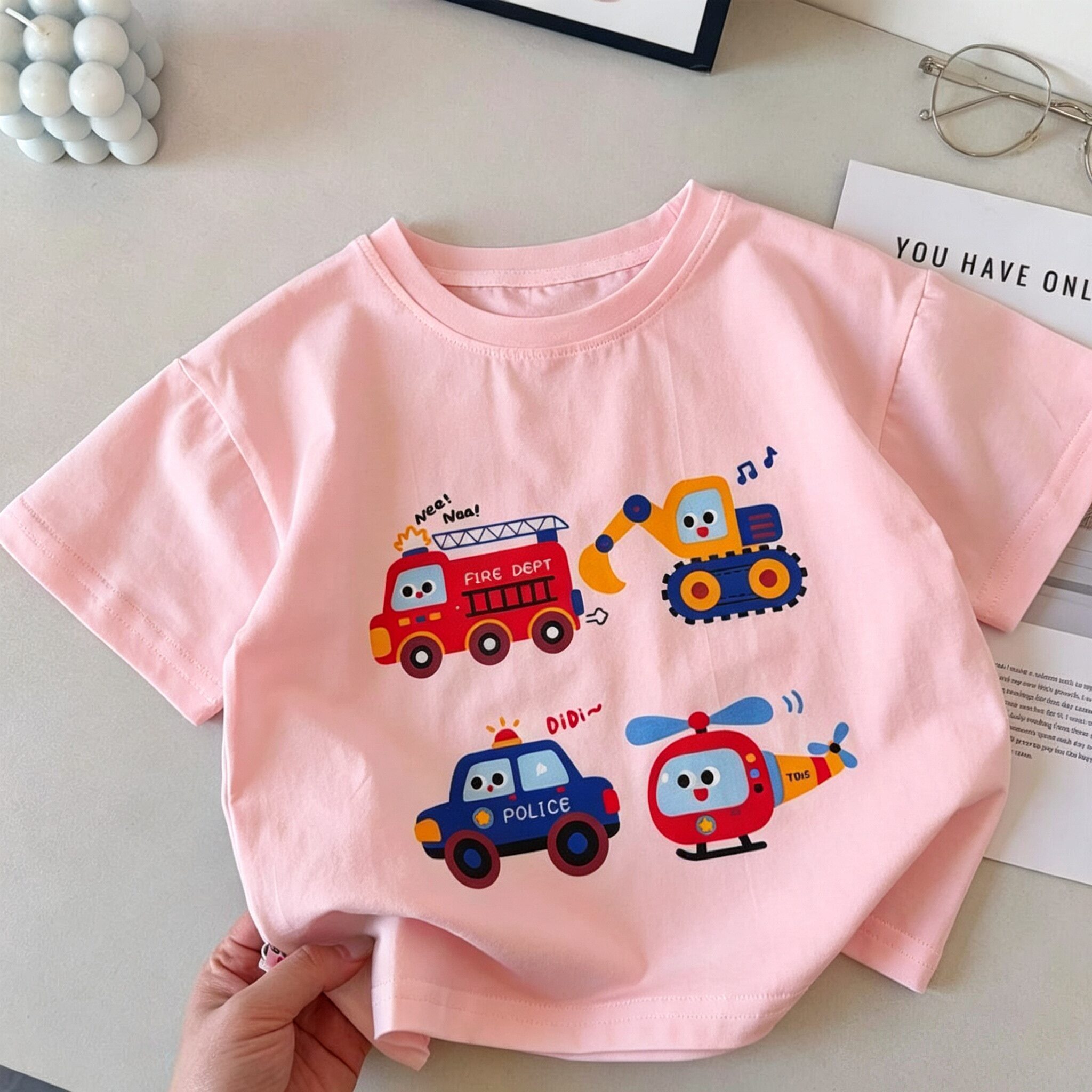 儿童消防车警车印花短袖T恤纯棉2026夏季薄款 挖掘机宝宝卡通上衣