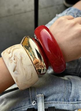 欧美时尚新潮大理石纹亚克力手镯异形树脂方圆形夸张新潮手镯