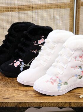 冬季十里梅花刺绣加绒汉服鞋民族风绣花鞋毛口古风女靴子内增高靴