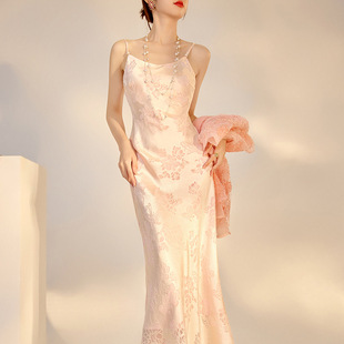 国风气质吊带连衣裙人丝提花刺绣长款 过膝A字高级感吊带裙女M6068