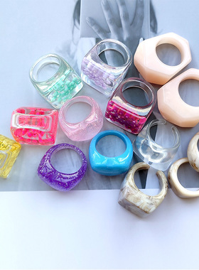 闪亮亚克力树脂云纹戒指米珠混色桃心戒圈尾戒指环男女同款外贸