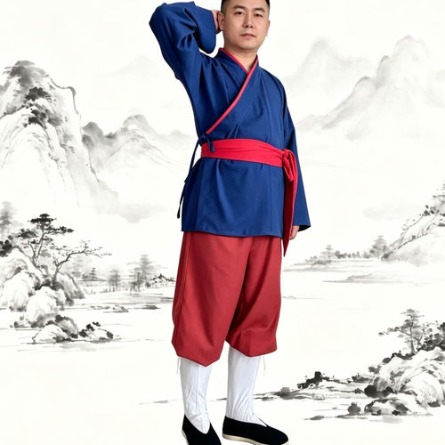 中国风斜襟汉服纯色汉元素茶服复古男士长袖古装平民汉服