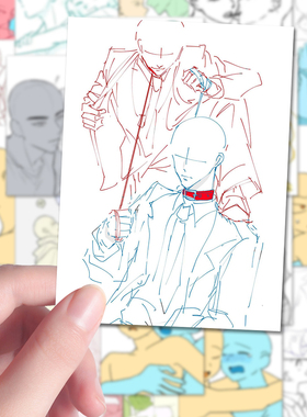 189张双人OC免模贴纸二次元人体oc动态线稿绘画模版教程diy手账贴