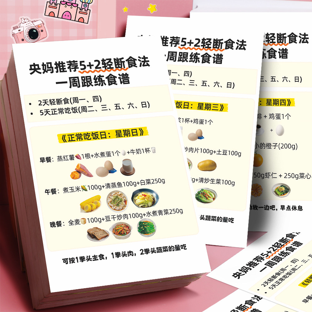 24大张央妈推荐5+2轻断食食谱贴纸一周跟练减肥打卡健康饮食素材