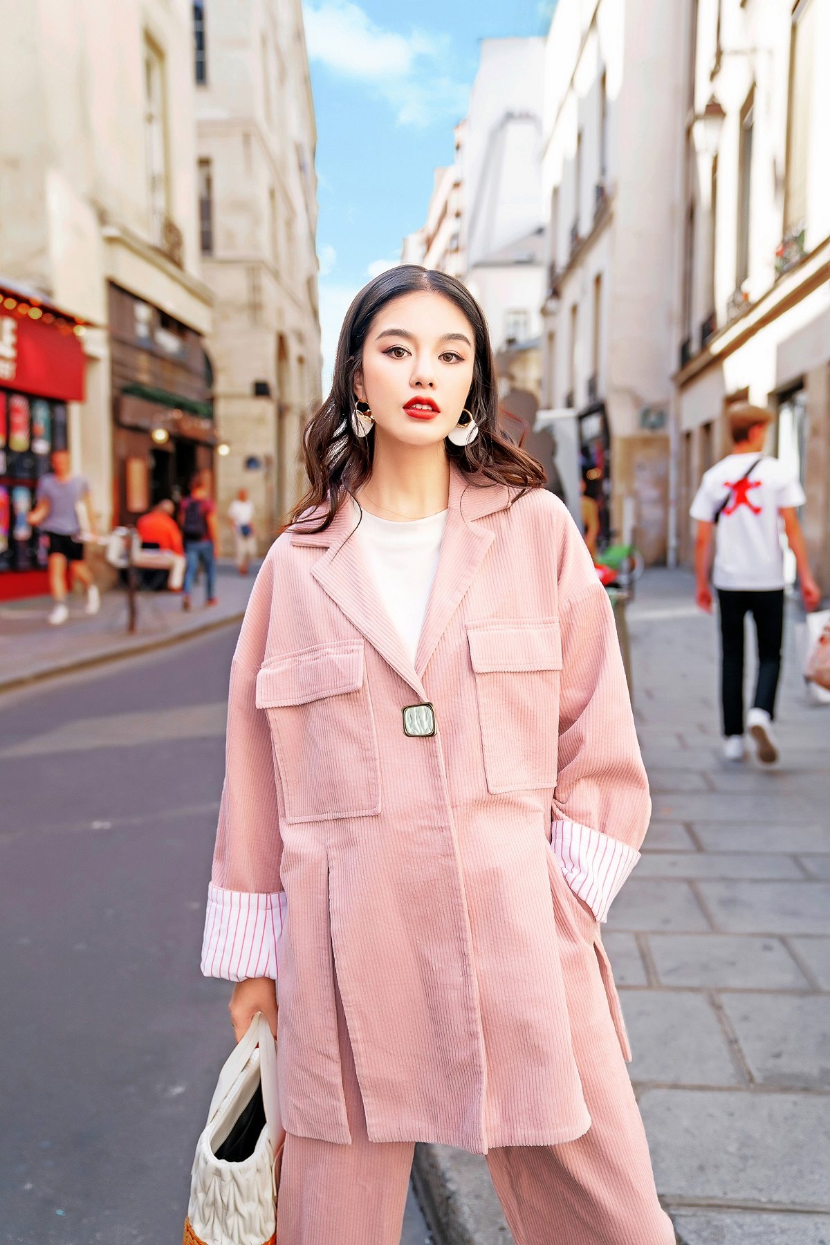 慵懒风侧开衩灯心绒西装外套冬季新品高腰九分阔腿裤两件套套装