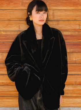 黑色仿兔毛皮草外套女短款翻领加厚仿皮草大衣秋冬新款气质时尚