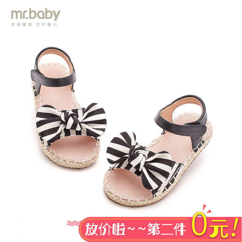 mr.baby儿童凉鞋女2019夏季新品拼色条纹蝴蝶结麻绳底凉鞋露趾鞋