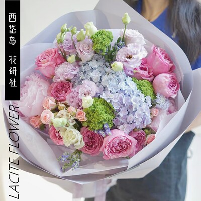 西岱岛北京同城鲜花速递紫色圆形玫瑰绣球混搭生日花束 紫藤