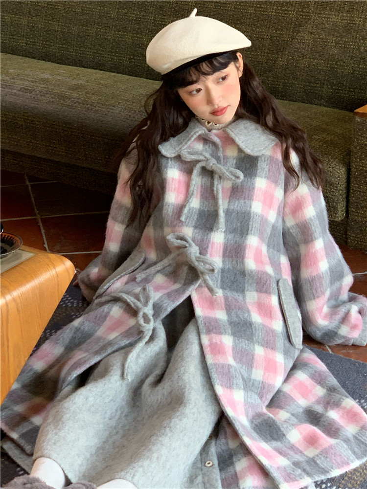 蛋包饭餐厅 2025大衣女灰粉格蝴蝶结气质氛围感外套撞色秋冬大衣