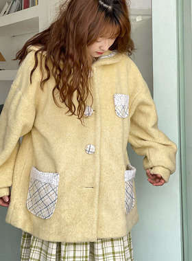 蛋包饭餐厅_奶黄色毛呢外套女春季日系可爱学生慵懒风呢子大衣