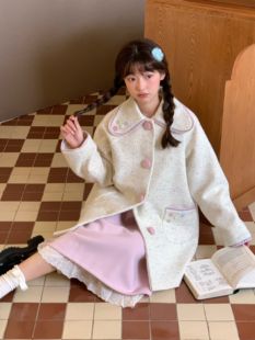蛋包饭餐厅毛呢外套女2025冬季新款米色杂点少女中长款呢子大衣