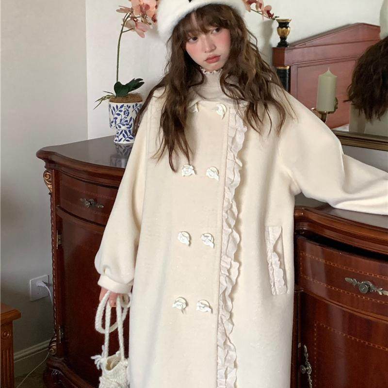 蛋包饭餐厅法式别致毛呢大衣女冬季玫瑰呢甜美娃娃领毛呢外套