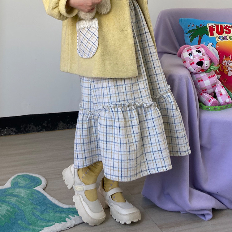 蛋包饭餐厅_格纹呢子半身裙女冬季日系可爱A字显瘦中长款内搭裙子