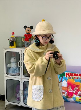 蛋包饭餐厅_黄色雪花绒毛呢外套女秋冬季日系宽松温柔中长款大衣