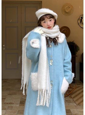 蛋包饭餐厅【First love】毛绒软糯呢子大衣女冬季过膝中长款外套