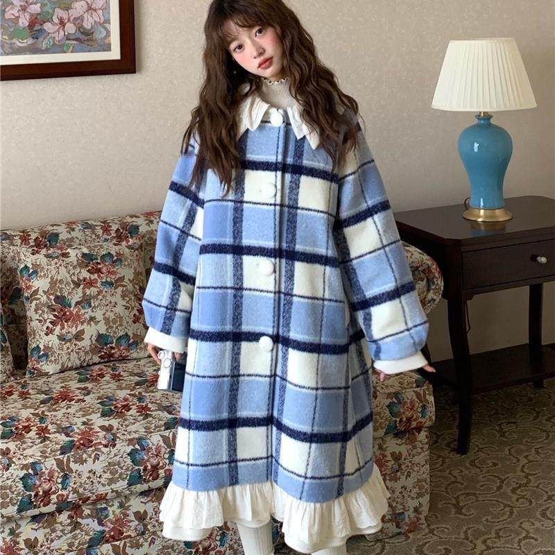 蛋包饭餐厅2025冬季新款蓝白格加厚显瘦少女娃娃领拼色设计感大衣,女装/女士精品,毛呢外套,淘宝优惠券,粉丝福利购,淘宝优惠卷