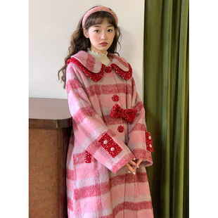 蛋包饭餐厅【花的圆舞曲】红色格子毛呢外套女冬季撞色过膝呢大衣