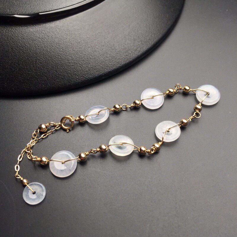 天然白冰翡翠平安扣手链18k黄金手工镶嵌手寸可调节女士百搭礼物