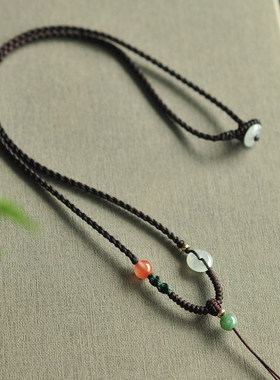 「清如许」2mm复古风A货翡翠平安扣 配黄金玉器编织挂绳项链SS155