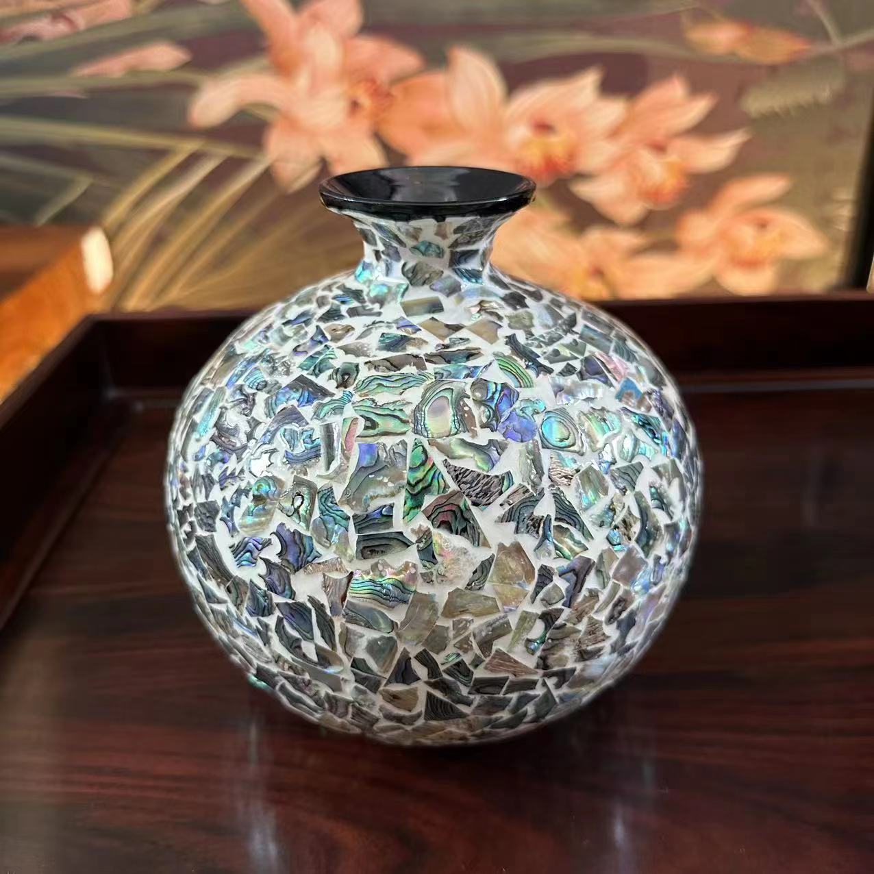 创意贝壳镶嵌插花茶室玄关花瓶摆件客厅装饰宽17高17口径约5cm