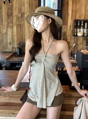红人馆吊带背心女夏外穿辣妹穿搭露背短款条纹抹胸无袖挂脖上衣女