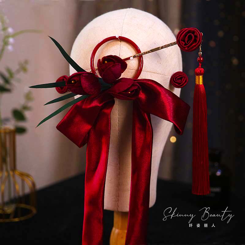 2022新款中式风红色郁金香蝴蝶结流苏新娘结婚秀禾服头饰订婚配饰