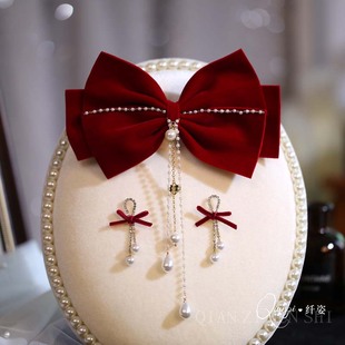 新款红色丝绒蝴蝶结发夹简单大气新娘敬酒服头饰订婚礼服发饰复古