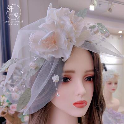 法式超仙娟纱遮面花朵发夹头饰
