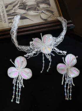 原创新款超仙串珠流苏梦幻彩色花朵项链新娘耳饰甜美晨袍颈链配饰