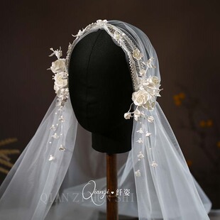 超仙复古民国风铃兰花头纱森系新娘婚纱礼服帽纱跟妆影楼旅拍配饰