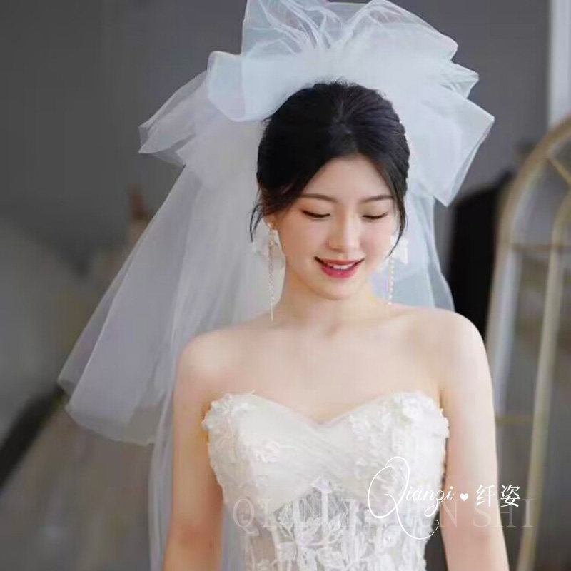 新款白色多层蓬蓬头纱韩式新娘摄影造型街拍公主婚纱跟妆头饰简约