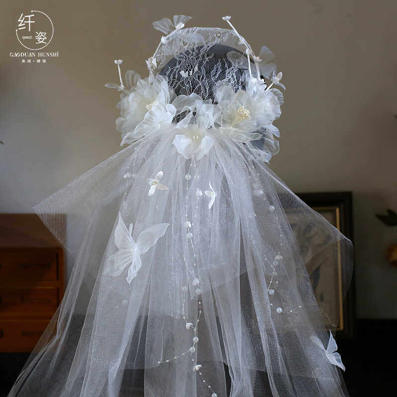 新款法式仙气手工花朵蕾丝头纱新娘婚纱复古港风创意串珠花帽头饰