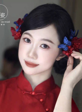 新中式红蓝撞色花朵蝴蝶发夹套装
