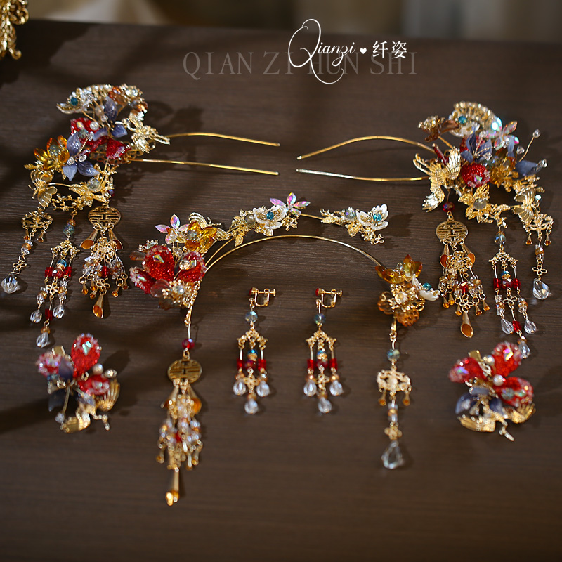 新款中式红色复古半冠头饰新娘古典秀禾服手工古装凤冠婚礼配饰品