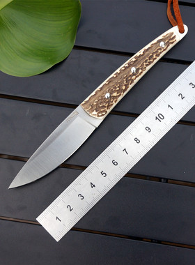 FOX 狐狸bc户外露营便携直刀440C不锈钢刀具装备生存刀鹿角柄皮鞘