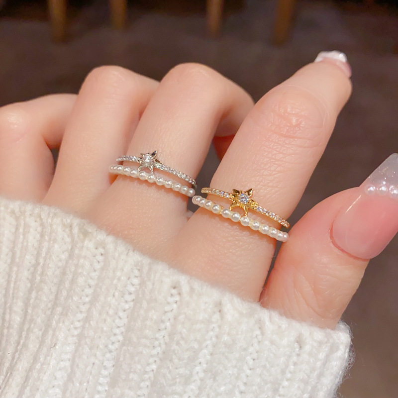 镶钻五角星双层珍珠开口指环小众气质高级轻奢个性时尚食指戒