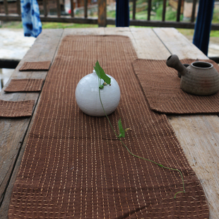 倚山人|手工土布薯莨柿染茶席手绣刺子双面茶巾茶布茶旗棉布桌布