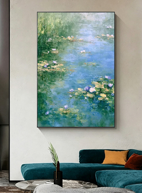 可班纯手绘油画荷韵清宁玄关挂画