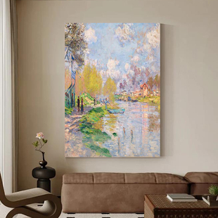 饰画挂画 玄关客厅装 手绘油画莫奈塞纳河畔 春天印象画大芬村欧式