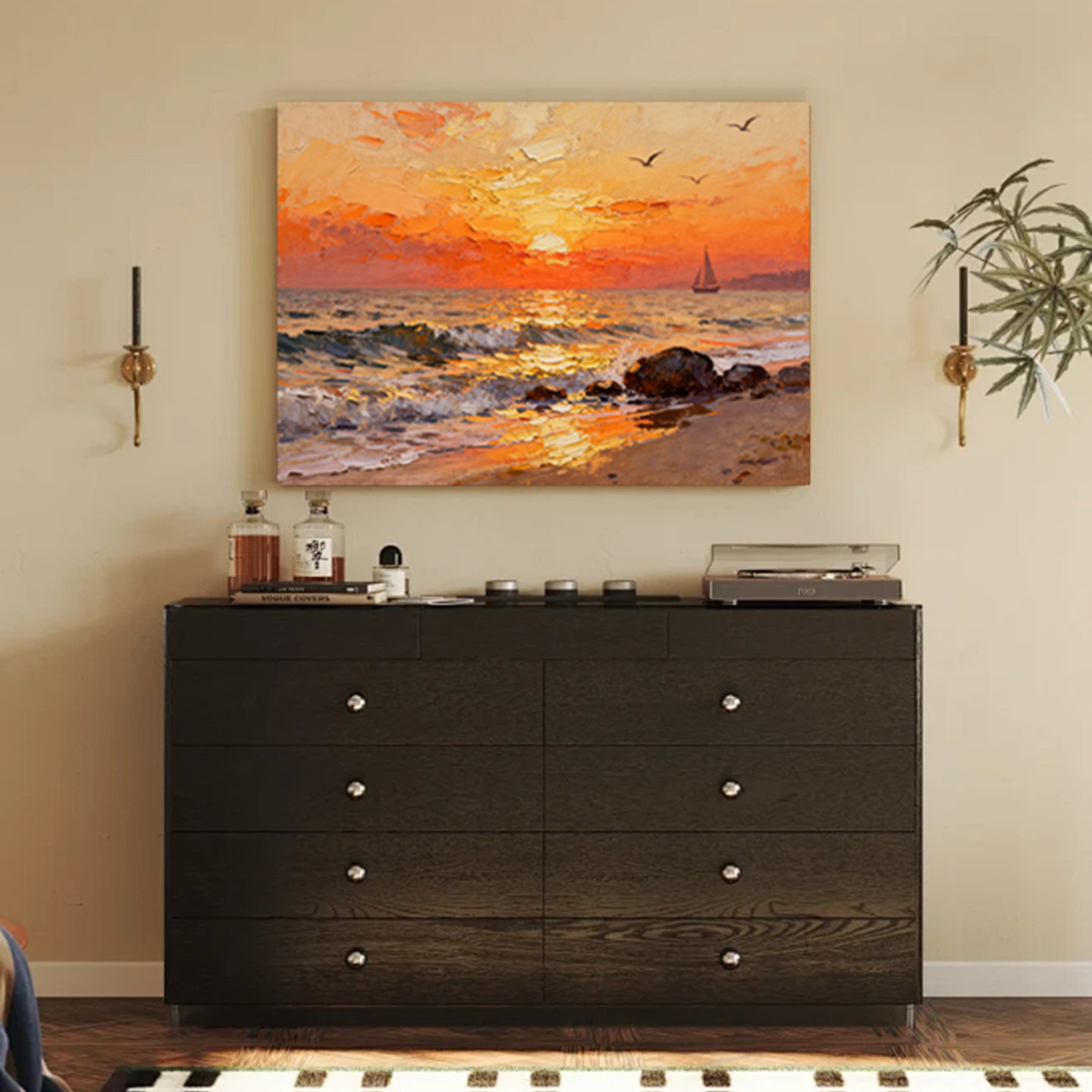 可班手绘油画橙霞海浪画卧室挂画
