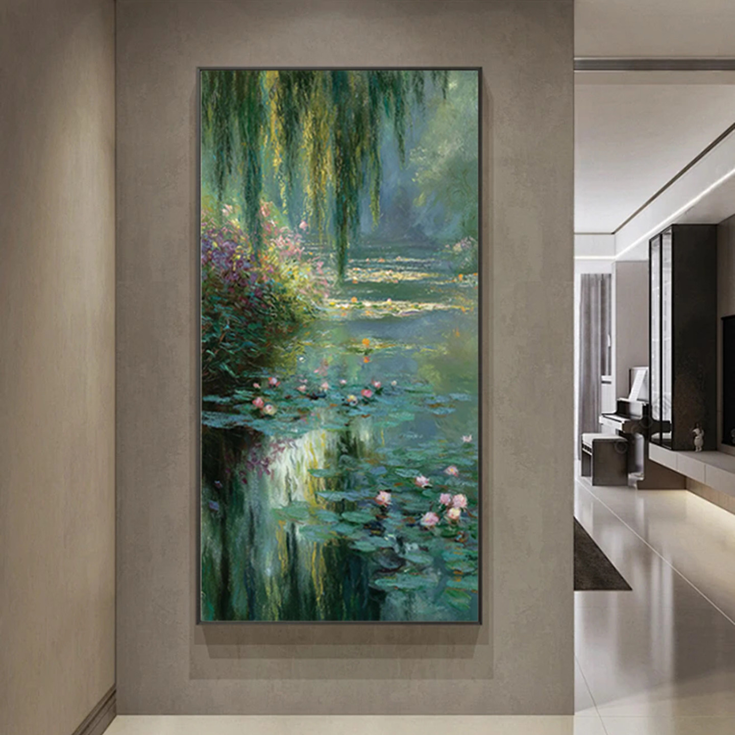 可班手绘油画柳岸清塘玄关装饰画